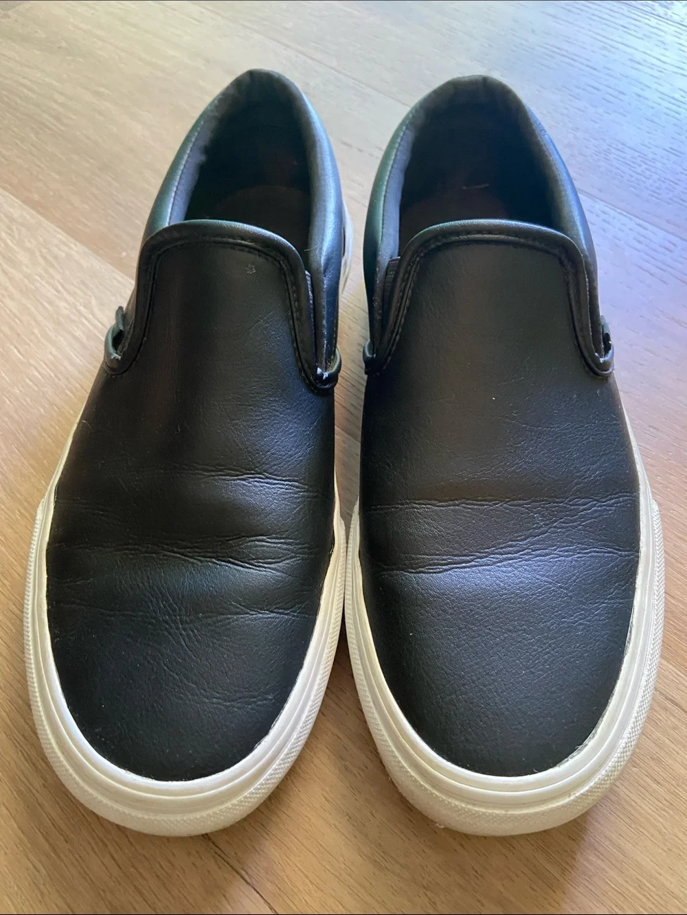 Vans Skater Black Leather Slip-On Sneakers with White Sole. Woman’s 8.5/Mens 7